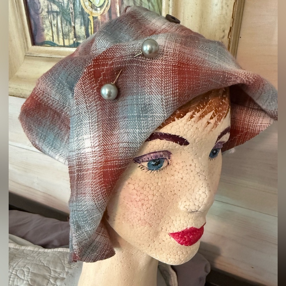Handmade Plaid Bucket Hat Gray Pearl Trim Medium - Picture 2 of 9